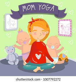 Young pregnant woman relaxing in yoga lotus position with her litle kids, mom yoga vector illustration, cartoon style design element for poster or banner