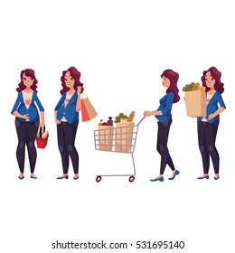 Young pregnant woman shopping, cartoon vector illustration isolated on white background. Beautiful pregnant woman carrying shopping bags, holding basket, pushing a cart with grocery products
