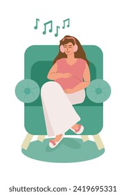 A young pregnant woman sits in a soft chair, smiles and listens to music on headphones alone. Relaxation, meditation, maternity leave, motherhood, resting at home. Vetcore color illustration