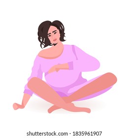 young pregnant woman sitting and holding her belly pregnancy motherhood concept full length vector illustration