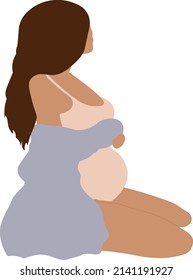 Young pregnant woman sitting, hugging belly