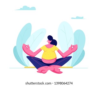 Young Pregnant Woman Sitting in Lotus Pose Doing Yoga Meditation Outdoors. Health Care, Pregnancy Exercises, Maternity. Female Character Child Bearing, Awaiting Baby. Cartoon Flat Vector Illustration