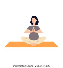 Young pregnant woman sitting in lotus position doing pregnancy yoga to give birth easily. Female fitness practice, flat cartoon vector illustration white background