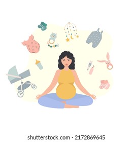 Young pregnant woman sitting in meditation pose with things for newborn kids flat vector illustration