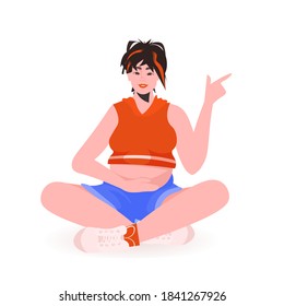 young pregnant woman sitting and pointing hand at something pregnancy motherhood concept full length vector illustration