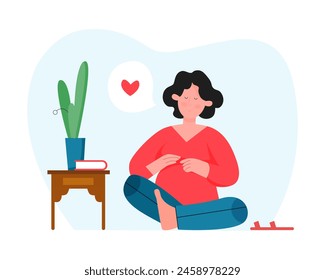 Young pregnant woman sitting in yoga lotus pose, meditation for love and harmony vector illustration