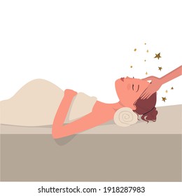 Young pregnant woman in the spa salon, lies on the table, the masseur makes her a head massage. Cartoon illustration, isolated on white background, vector.
