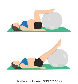 Young pregnant woman in sportswear does exercises for legs with transparent fitball lying on floor. Flat vector illustration isolated on white background