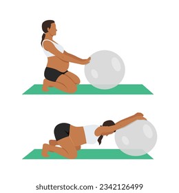 Young pregnant woman in sportswear does sports exercises with transparent fitball training on floor. Flat vector illustration isolated on white background