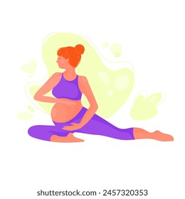 Young pregnant woman in sportswear does exercises. Happy pregnancy concept.Pregnant woman doing yoga or stretching physical exercises.Modern vector flat illustration