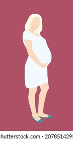 A young pregnant woman is standing with her hand supporting the already big belly of the third trimester. The blonde girl is dressed in a dress and is depicted in a half-turn. Flat illustration. 
