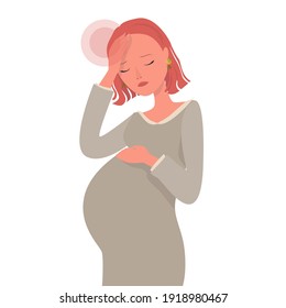 A young pregnant woman stands and suffers from a headache. Cartoon illustration, vector. Isolated on white background.