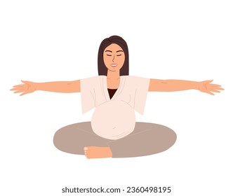 Young Pregnant Woman Stretching,Realxing in Engage Yoga Practice , Preparation for Childbirth.Female Calmimg,Meditating,Practising Asana.Pilates Workout,Training Class.Flat People Vector Illustration