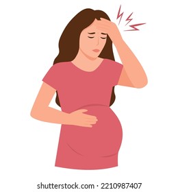 Young pregnant woman suffering from headache. Vector illustration isolated