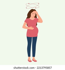 Young pregnant woman suffering from headache. Vector illustration isolated