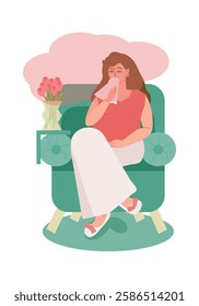 Young pregnant woman suffers from allergies, she has a runny nose and tears, sits in a chair at home, next to a vase of flowers. Pollen allergy, disease, allergic reaction to flowers