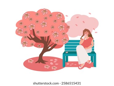 Young pregnant woman suffers from allergies, she has a runny nose and tears, she sits on a bench in the park near a blossoming tree in spring. Hay fever, pollen allergy, seasonal disease. Vector 