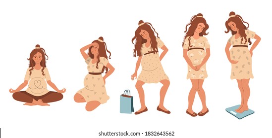 Young pregnant woman in various situations. Set of expectant mother in uncomfortable position. Flat vector illustration isolated on white.