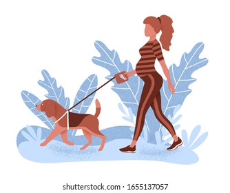 Young pregnant woman walking with her dog in the park. Flat vector illustration.
