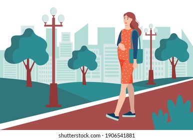 A young pregnant woman walks in the park, walking down the street. The concept of everyday activities and daily life. Flat cartoon vector illustration.