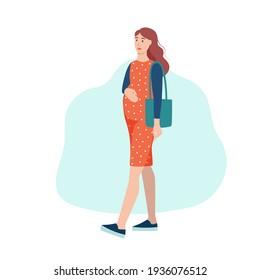 A young pregnant woman walks in the park, walking down the street. The concept of everyday activities and daily life. Flat cartoon vector illustration.