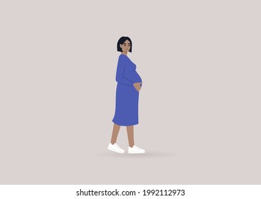 A young pregnant woman wearing a simple blue dress and white sneakers, modern lifestyle