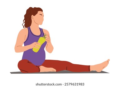 Young pregnant woman wearing sport clothes sitting on the floor on yoga mat, holding water bottle in hands. Colorful flat vector illustration isolated on white background