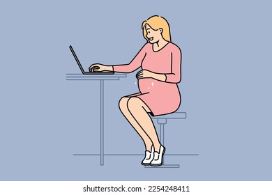 Young pregnant woman work online on laptop at home office. Smiling future mom freelance busy at computer. Pregnancy and business. Vector illustration. 