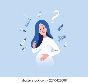 Young Pregnant Woman Worried About Taking Medicine Pills. Cartoon People Vector Illustration