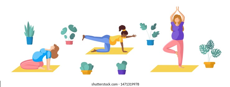 Young pregnant women doing yoga, African American and European girls doing sport exercises and meditation. group of persons, Isolated elements on white background, vector set 