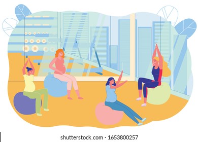 Young Pregnant Women Meditating Sitting in Different Yoga Positions Flat Cartoon Vector Illustration. Fitness Classes. Girls Having Healthy Lifestyle. Female Characters on Balls Performing Exercises.