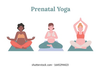 Young pregnant women practicing yoga in lotus poses. Flat vector cartoon modern style illustration isolated white background.