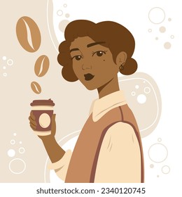 Young pretty African American woman holding paper cup of coffee. People with cafe take away hot or cold drink. Espresso, latte, americano, mocha, cappuccino. Modern vector flat illustration.