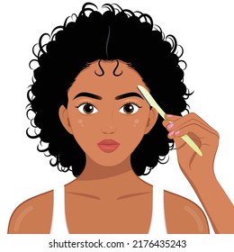 Young pretty african girl shaving eyebrows with razor eyebrows shape skincare make up beauty, Facial hair removal. Beautiful young woman shaving her face by razor at home