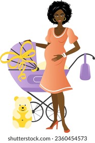 Young pretty african pregnant woman with a purple pram and baby shower gifts