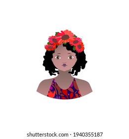 Young and pretty african woman with red flower wreath on her head. Bright vector illustrarion.