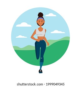 A young pretty African-American woman runs during the day. The concept of fitness, sports and a healthy lifestyle. A sporty woman is a cartoon character