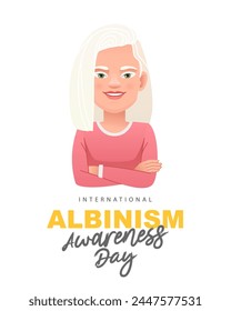 Young pretty albino white girl stands with her arms crossed. International Albinism Awareness Day. Vector illustration on a white background.