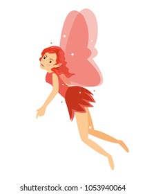 young pretty angelic fairy girl flying in her red costume