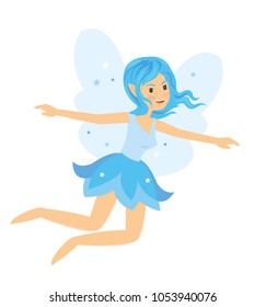 young pretty angelic fairy girl flying and rise her hands