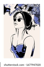 Young Pretty Asian Woman With Sunglasses - Vector Illustration