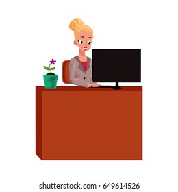 Young pretty blond businesswoman, secretary, working on computer at office table, cartoon vector illustration isolated on white background. Businesswoman, secretary, office manager working on computer