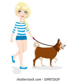 Young Pretty Blond Girl Walking With Dog