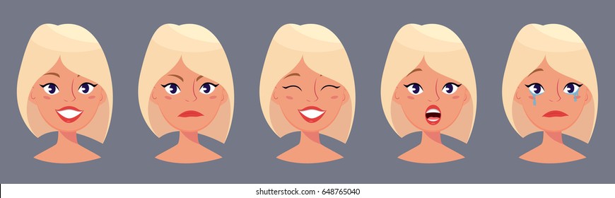 Junge schöne blonde Frau, süße Gesichter mit unterschiedlichen Emotionen. Cartoon schönes Mädchen. Avatar Geschäftsfrau.  Vektorgrafik.