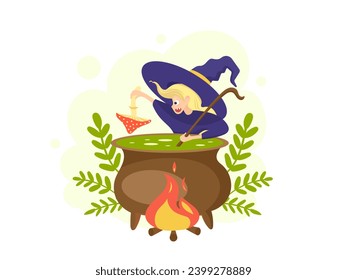 A young pretty blonde witch is brewing a potion from fly agaric mushrooms in a large cauldron. Flat vector cartoon illustration.