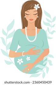 Young pretty brown hair pregnant woman with botanical details