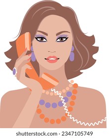Young pretty brown woman with a retro phone portrait illustration