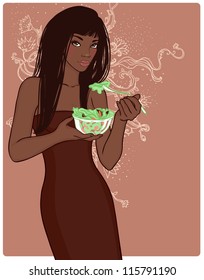 Young pretty brunette holding bowl of salad against green patterned background. Vector illustration.