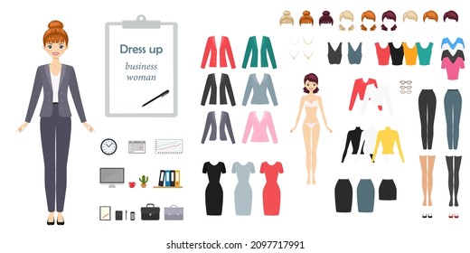 Young pretty business woman. Dress up paper doll. Flat cartoon style. Vector illustration