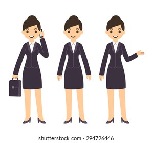 Young pretty businesswoman in cartoon style in business suit. Three poses: talking on the phone with suitcase, standing, and pointing gesture.